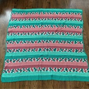 Vintage Handmade Pink & Teal Stripes Heavy Afghan Throw Blanket Cover 65x60